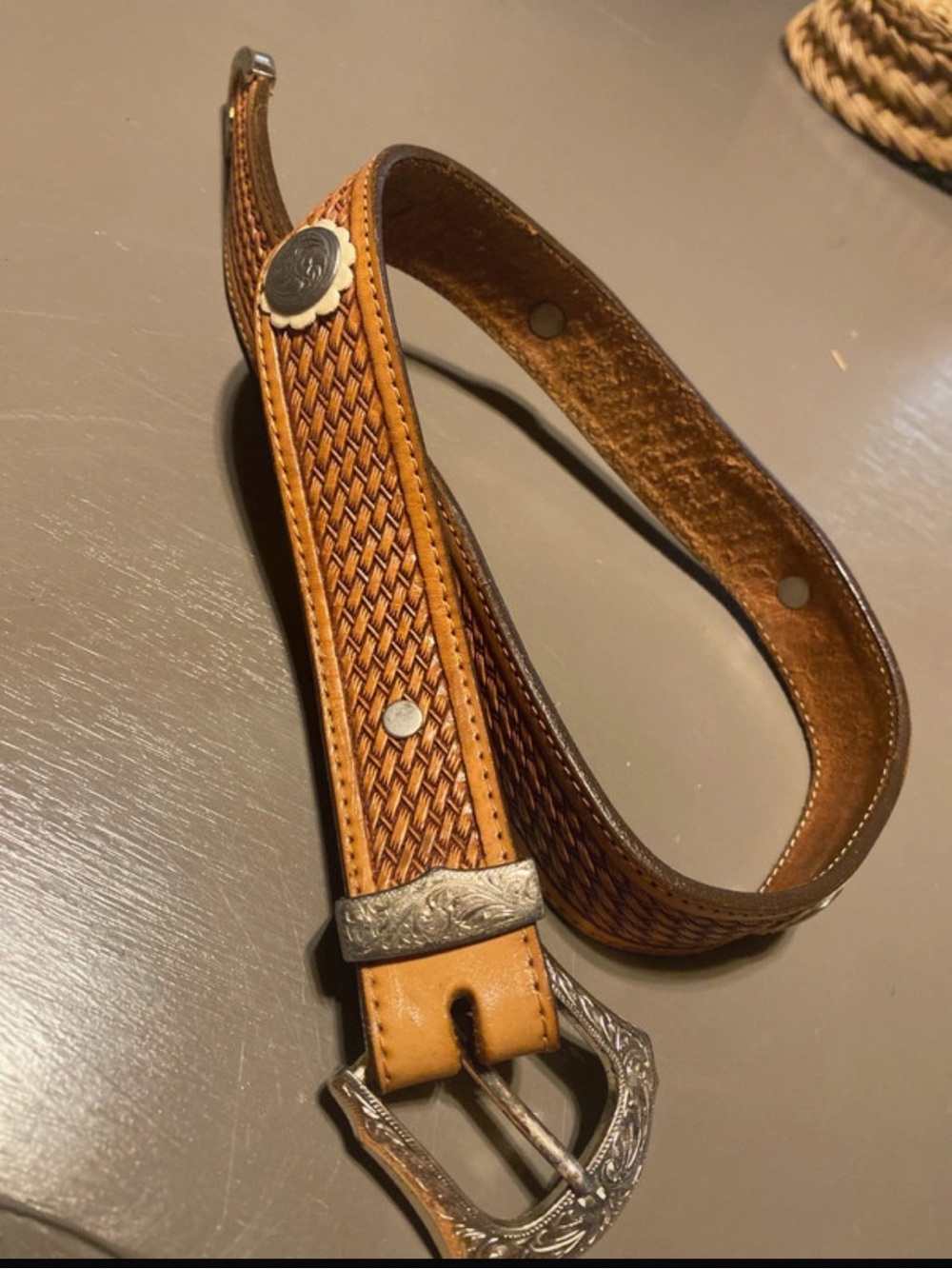 Circle Y Made in Texas Basket Weave Leather Western Belt Size 26 Silver